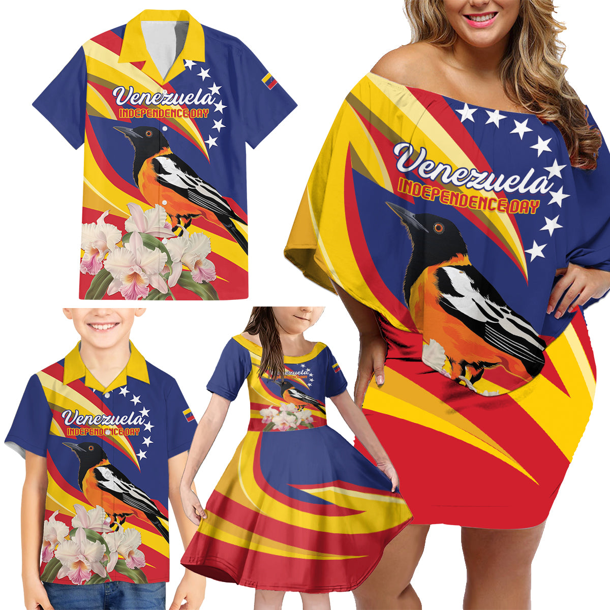 Venezuela Independence Day Family Matching Off Shoulder Short Dress and Hawaiian Shirt Venezuelan Troupial Cattleya Mossiae