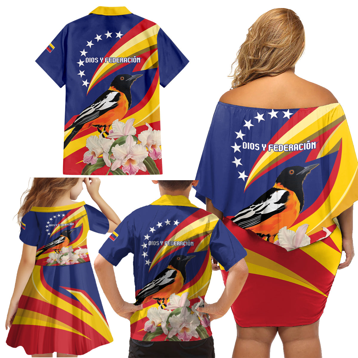 Venezuela Independence Day Family Matching Off Shoulder Short Dress and Hawaiian Shirt Venezuelan Troupial Cattleya Mossiae - Wonder Print Shop