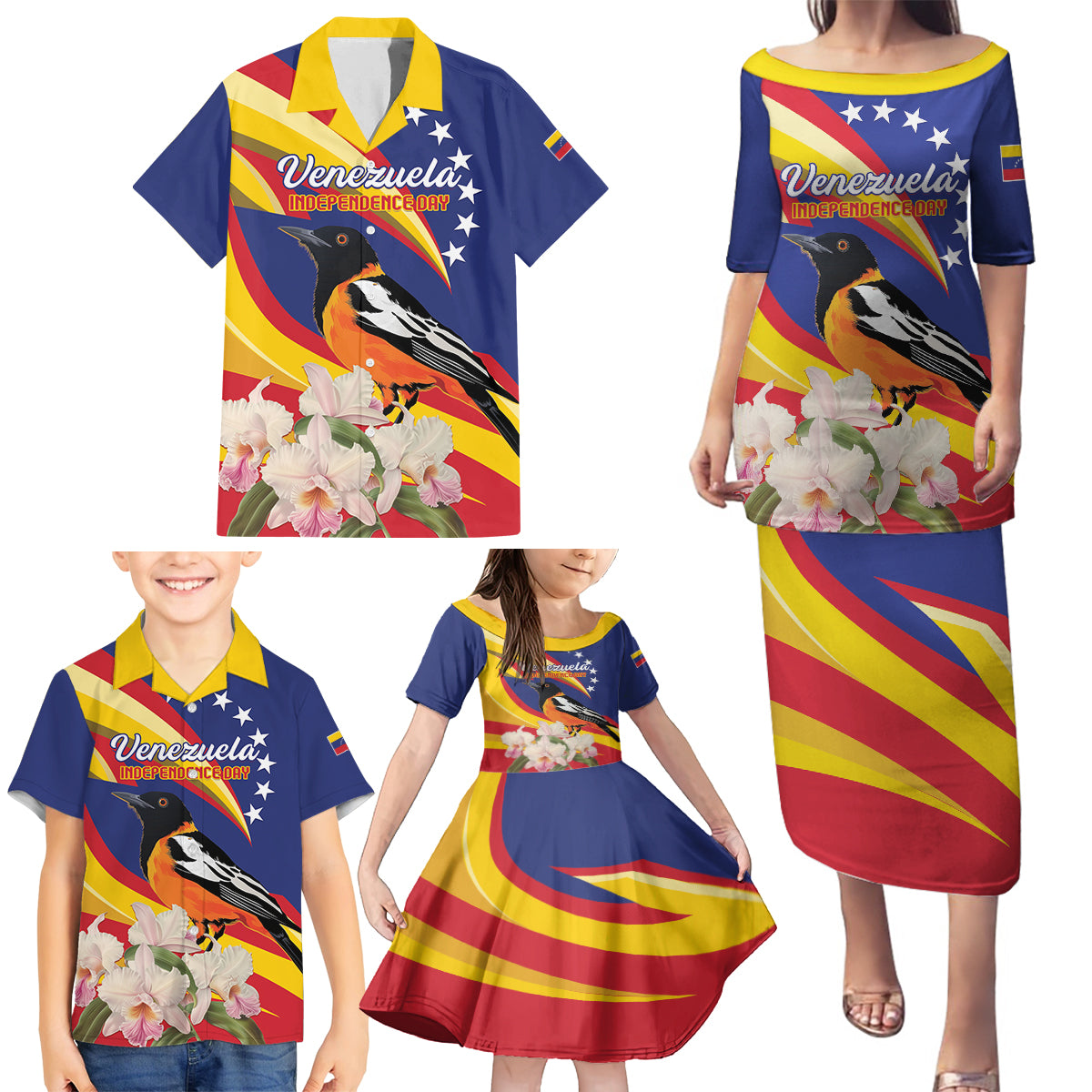 Venezuela Independence Day Family Matching Puletasi and Hawaiian Shirt Venezuelan Troupial Cattleya Mossiae