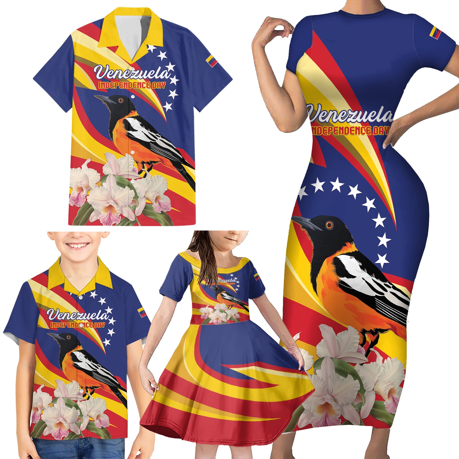 Venezuela Independence Day Family Matching Short Sleeve Bodycon Dress and Hawaiian Shirt Venezuelan Troupial Cattleya Mossiae
