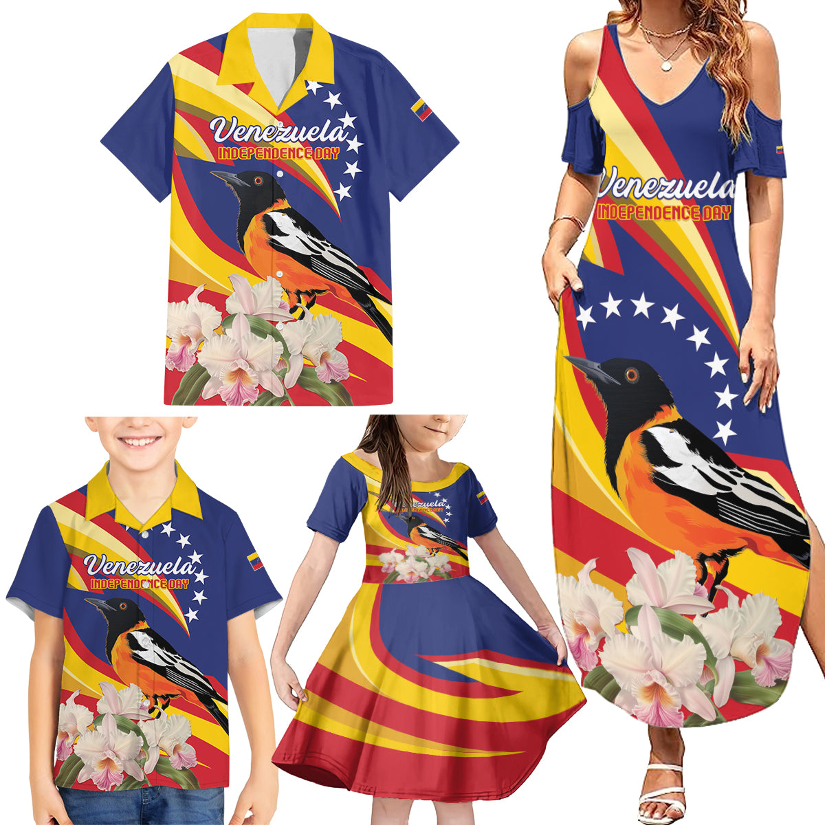 Venezuela Independence Day Family Matching Summer Maxi Dress and Hawaiian Shirt Venezuelan Troupial Cattleya Mossiae