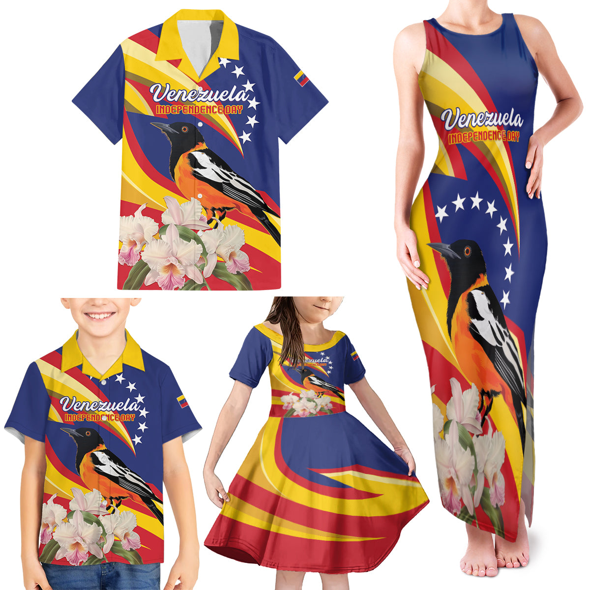 Venezuela Independence Day Family Matching Tank Maxi Dress and Hawaiian Shirt Venezuelan Troupial Cattleya Mossiae