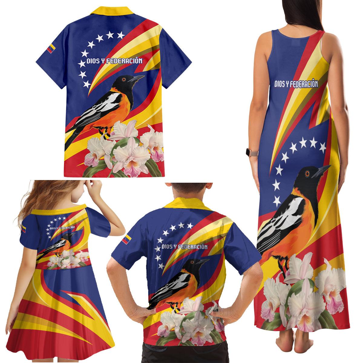 Venezuela Independence Day Family Matching Tank Maxi Dress and Hawaiian Shirt Venezuelan Troupial Cattleya Mossiae - Wonder Print Shop