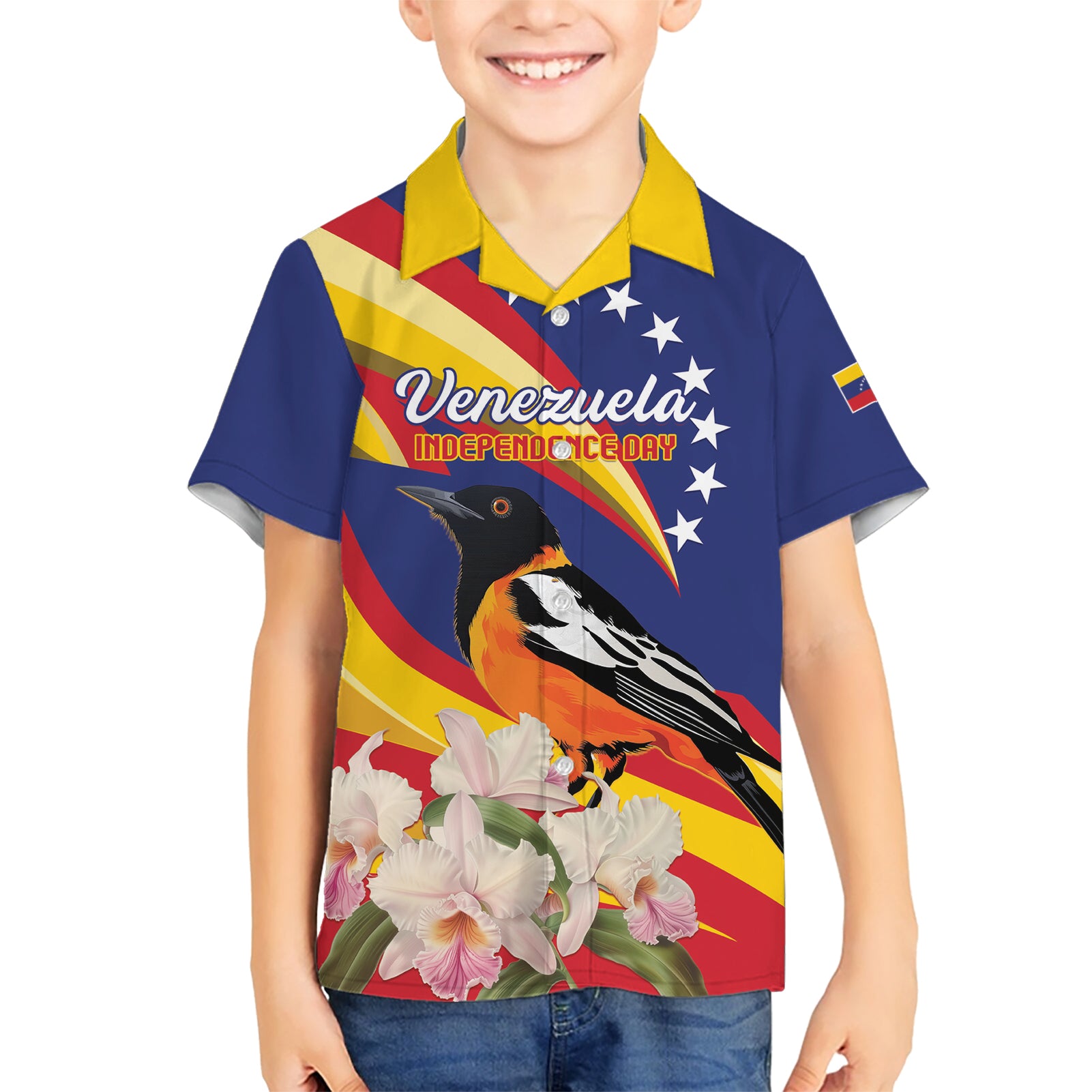 Venezuela Independence Day Kid Hawaiian Shirt Venezuelan Troupial Cattleya Mossiae