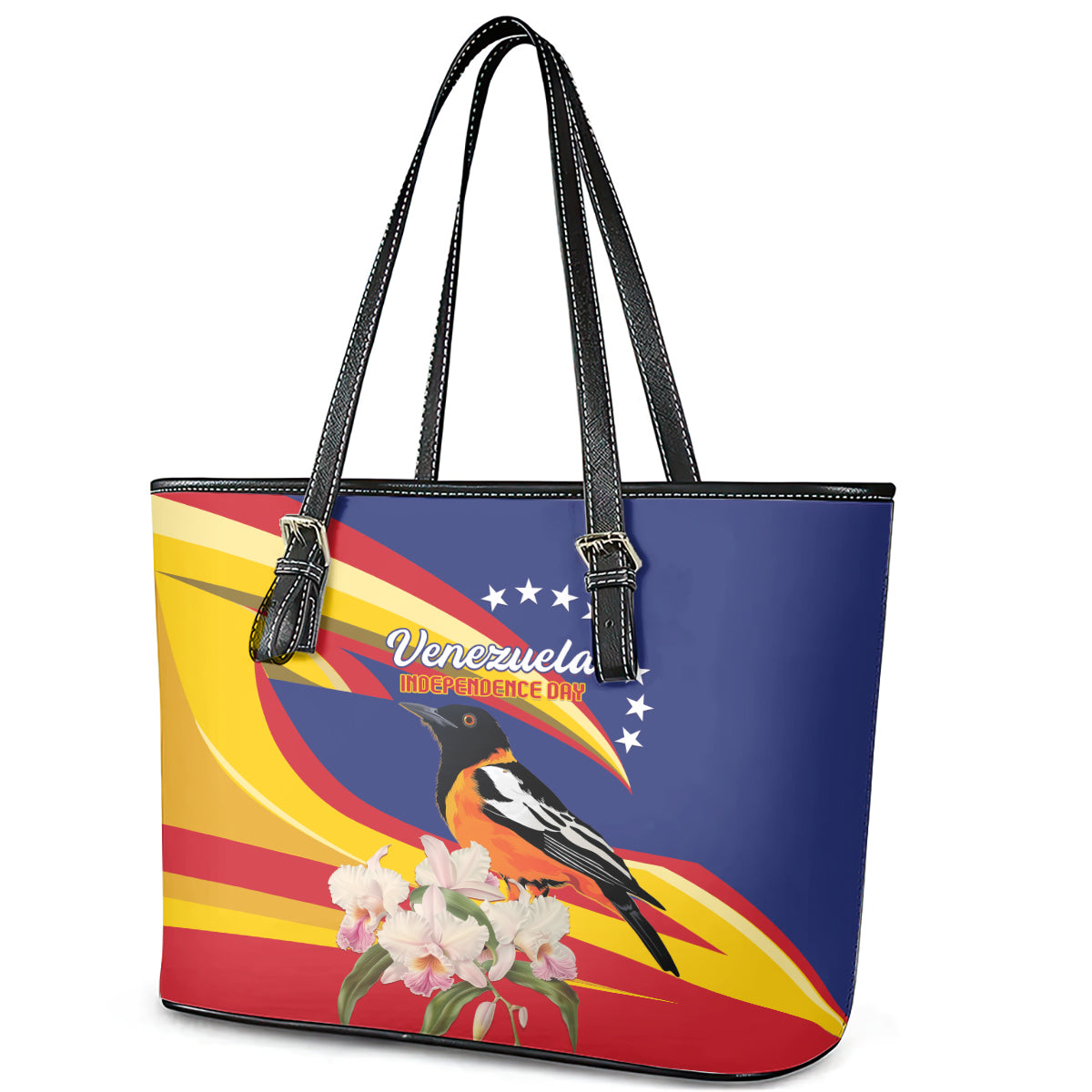 Venezuela Independence Day Leather Tote Bag Venezuelan Troupial Cattleya Mossiae - Wonder Print Shop