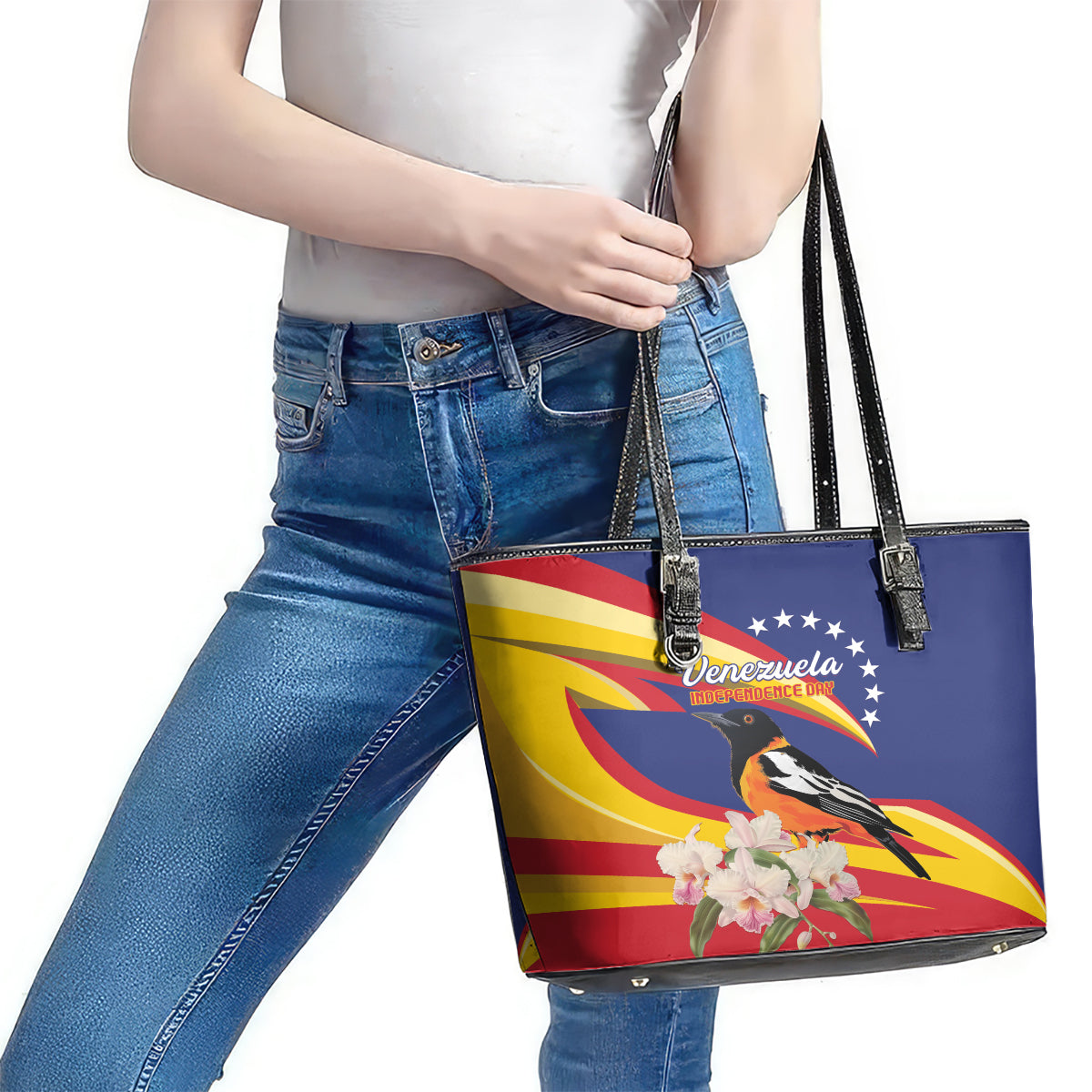 Venezuela Independence Day Leather Tote Bag Venezuelan Troupial Cattleya Mossiae - Wonder Print Shop