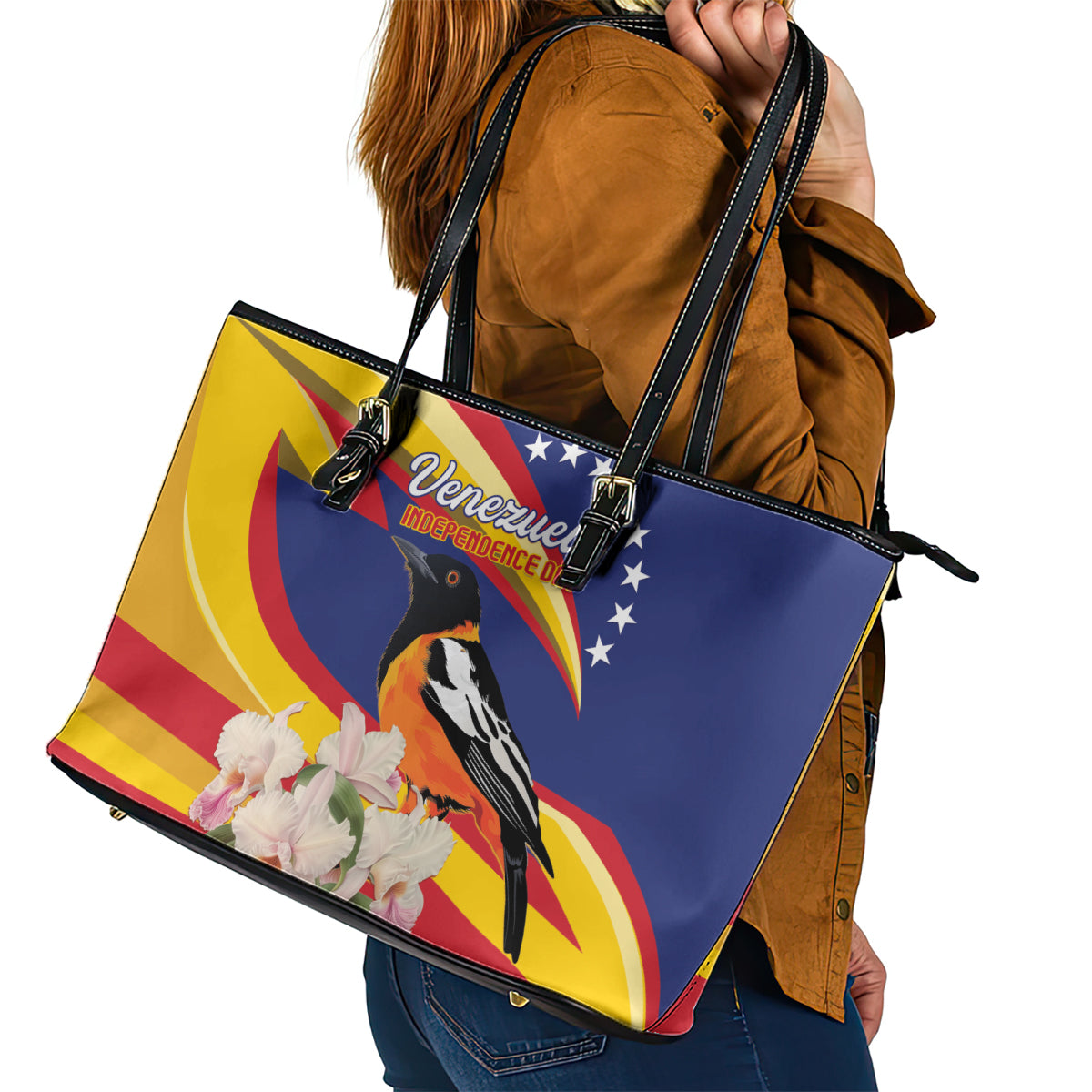 Venezuela Independence Day Leather Tote Bag Venezuelan Troupial Cattleya Mossiae - Wonder Print Shop