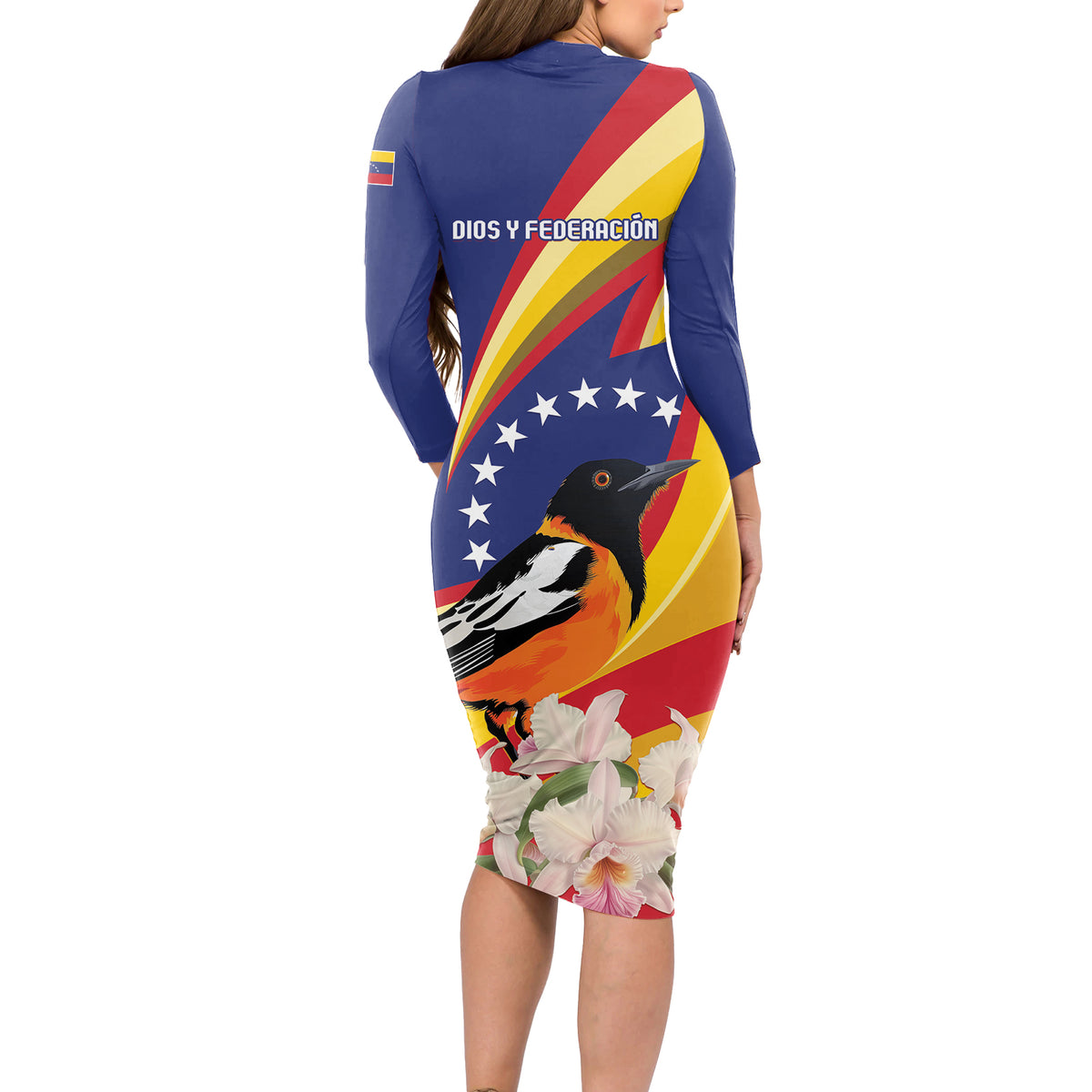 Venezuela Independence Day Long Sleeve Bodycon Dress Venezuelan Troupial Cattleya Mossiae - Wonder Print Shop