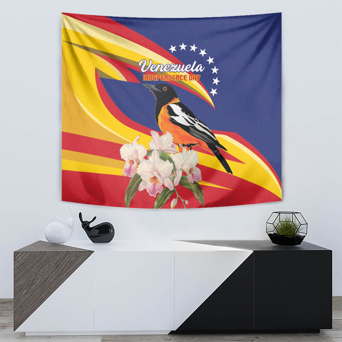 Venezuela Independence Day Tapestry Venezuelan Troupial Cattleya Mossiae - Wonder Print Shop