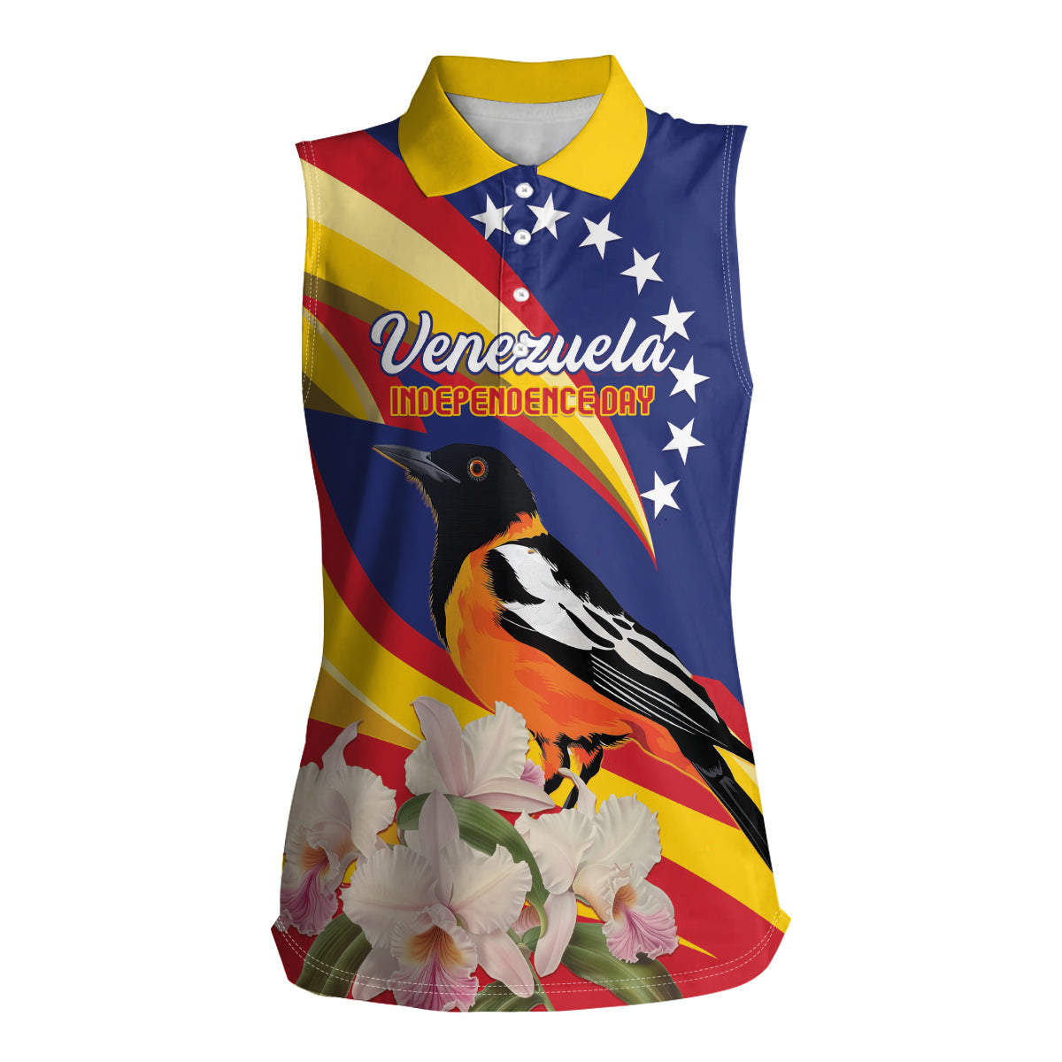 Venezuela Independence Day Women Sleeveless Polo Shirt Venezuelan Troupial Cattleya Mossiae