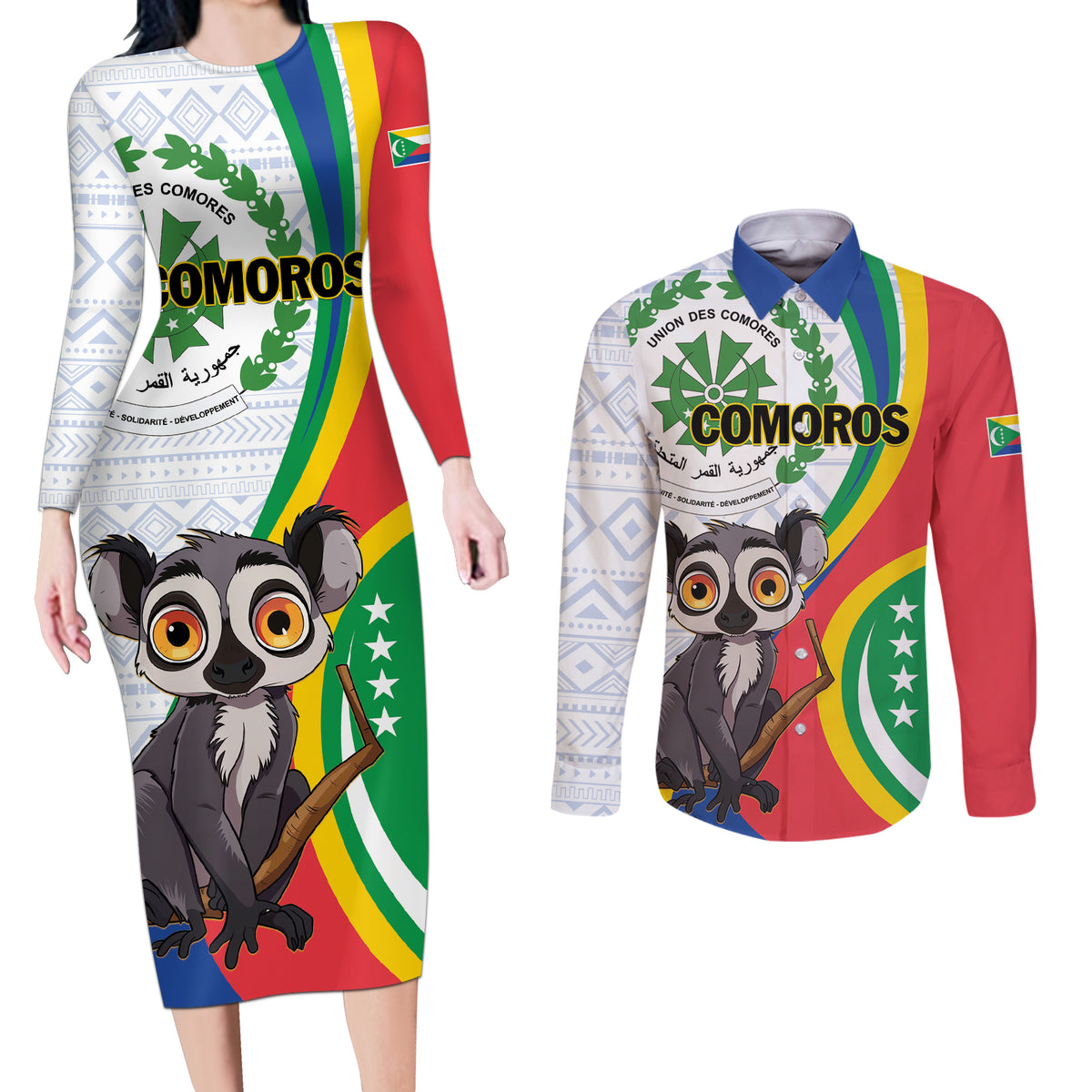 Comoros Independence Day Couples Matching Long Sleeve Bodycon Dress and Long Sleeve Button Shirt 1975 Komori Mongoose Lemur African Pattern - Wonder Print Shop