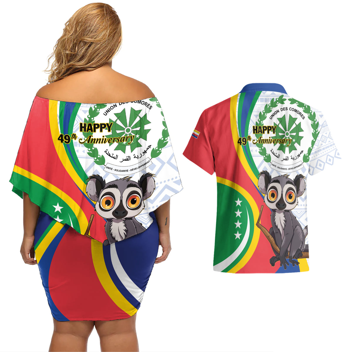 Comoros Independence Day Couples Matching Off Shoulder Short Dress and Hawaiian Shirt 1975 Komori Mongoose Lemur African Pattern - Wonder Print Shop