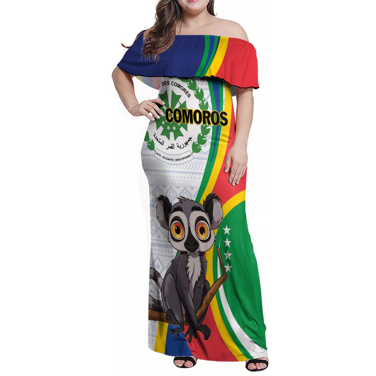 Comoros Independence Day Family Matching Off Shoulder Maxi Dress and Hawaiian Shirt 1975 Komori Mongoose Lemur African Pattern - Wonder Print Shop