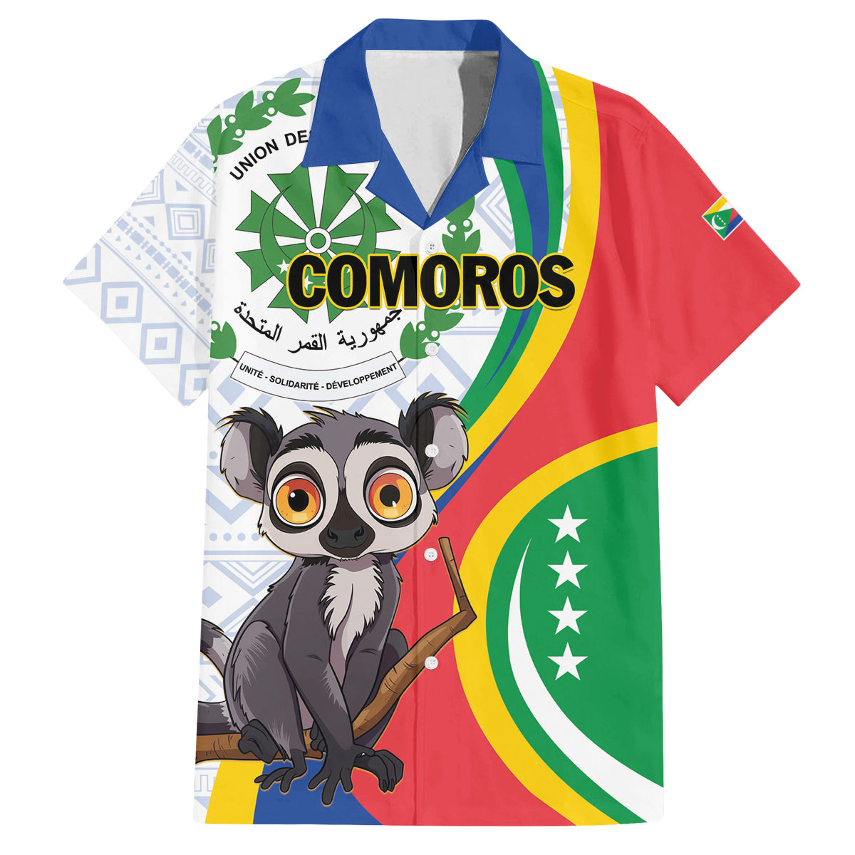 Comoros Independence Day Family Matching Off Shoulder Short Dress and Hawaiian Shirt 1975 Komori Mongoose Lemur African Pattern - Wonder Print Shop