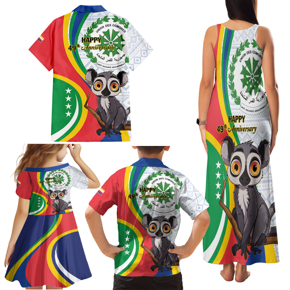 Comoros Independence Day Family Matching Tank Maxi Dress and Hawaiian Shirt 1975 Komori Mongoose Lemur African Pattern - Wonder Print Shop