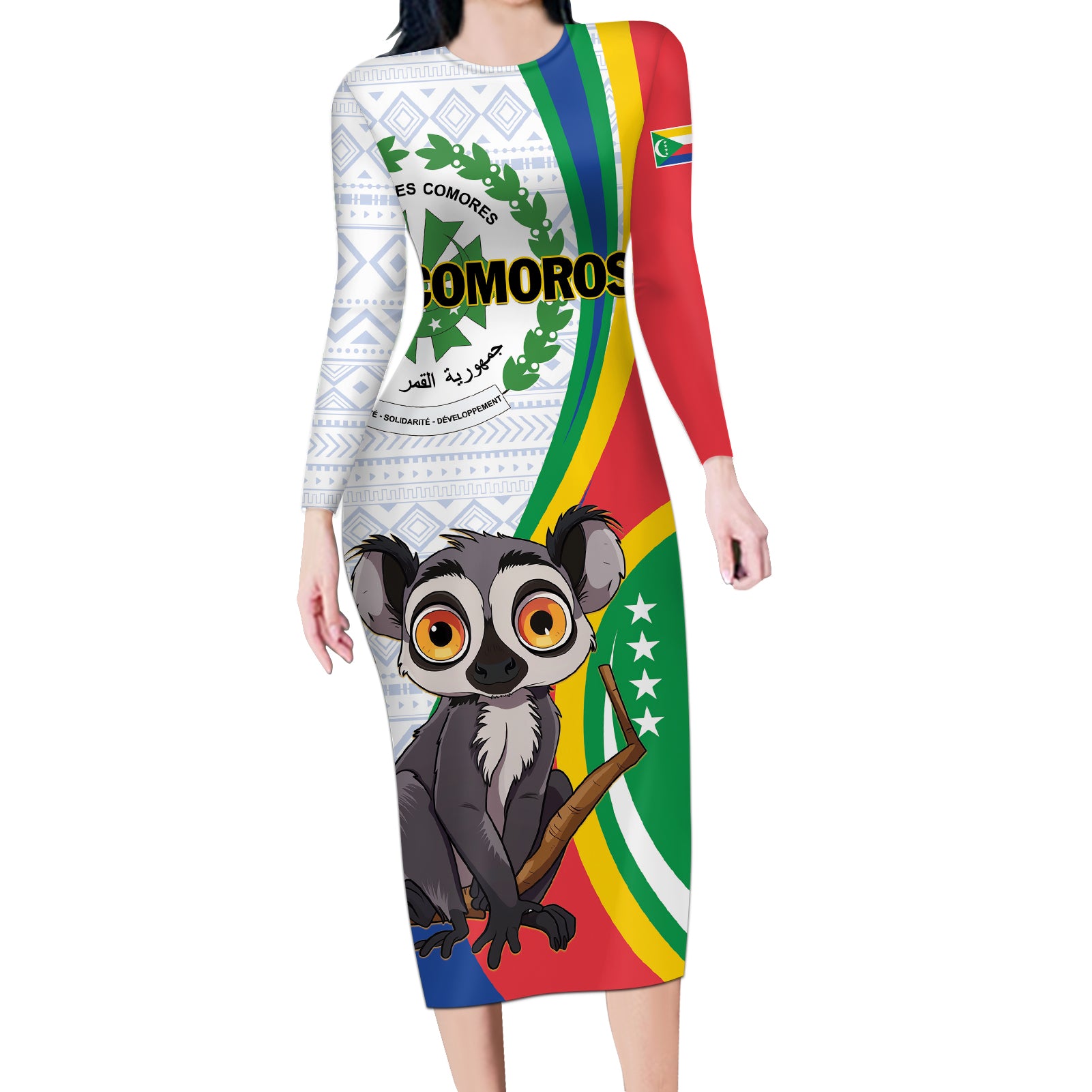 Comoros Independence Day Long Sleeve Bodycon Dress 1975 Komori Mongoose Lemur African Pattern