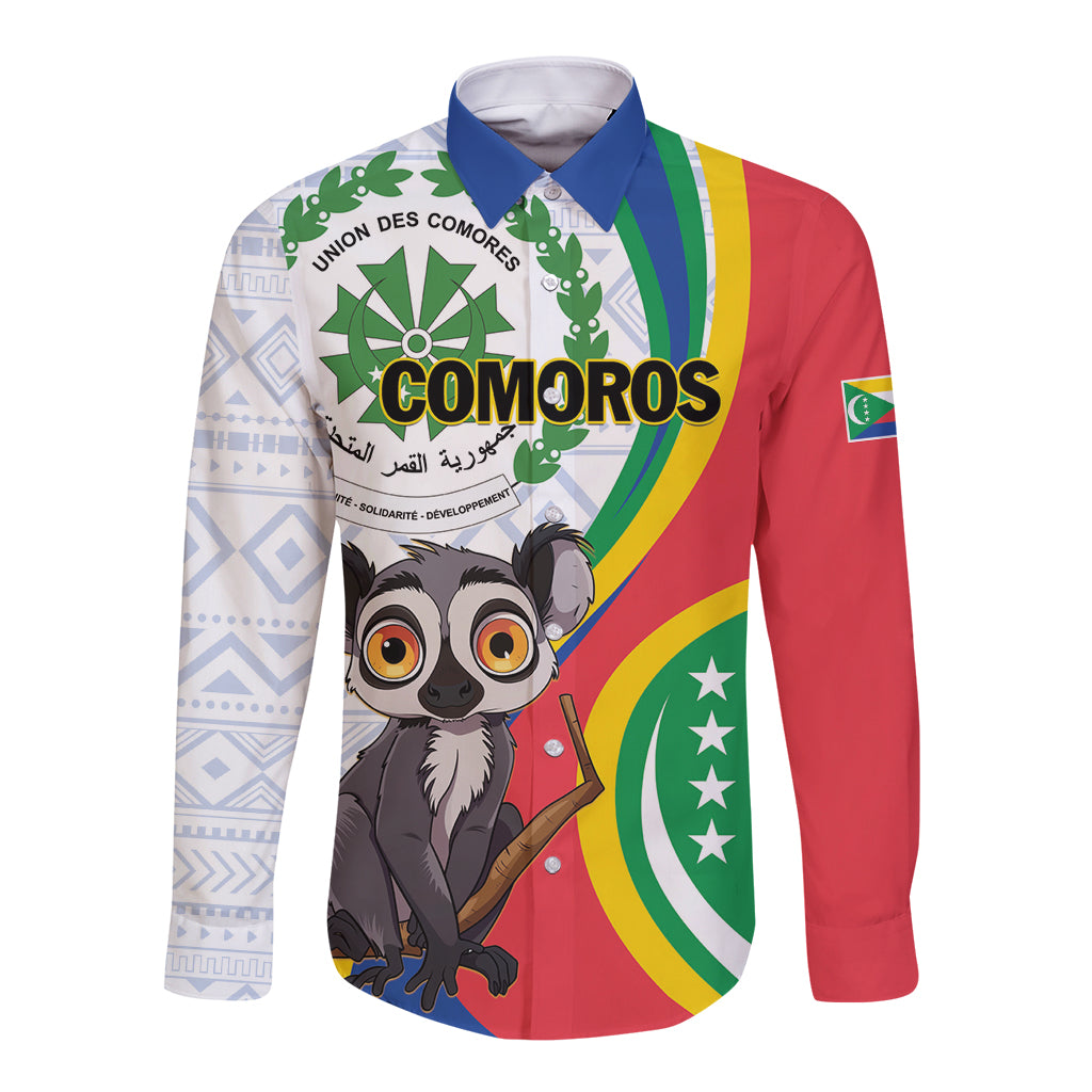 Comoros Independence Day Long Sleeve Button Shirt 1975 Komori Mongoose Lemur African Pattern