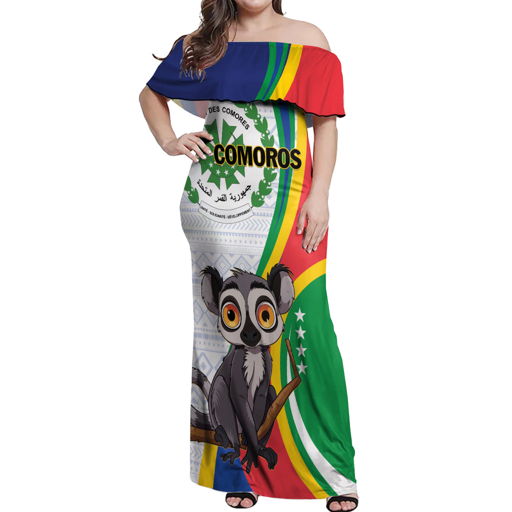 Comoros Independence Day Off Shoulder Maxi Dress 1975 Komori Mongoose Lemur African Pattern
