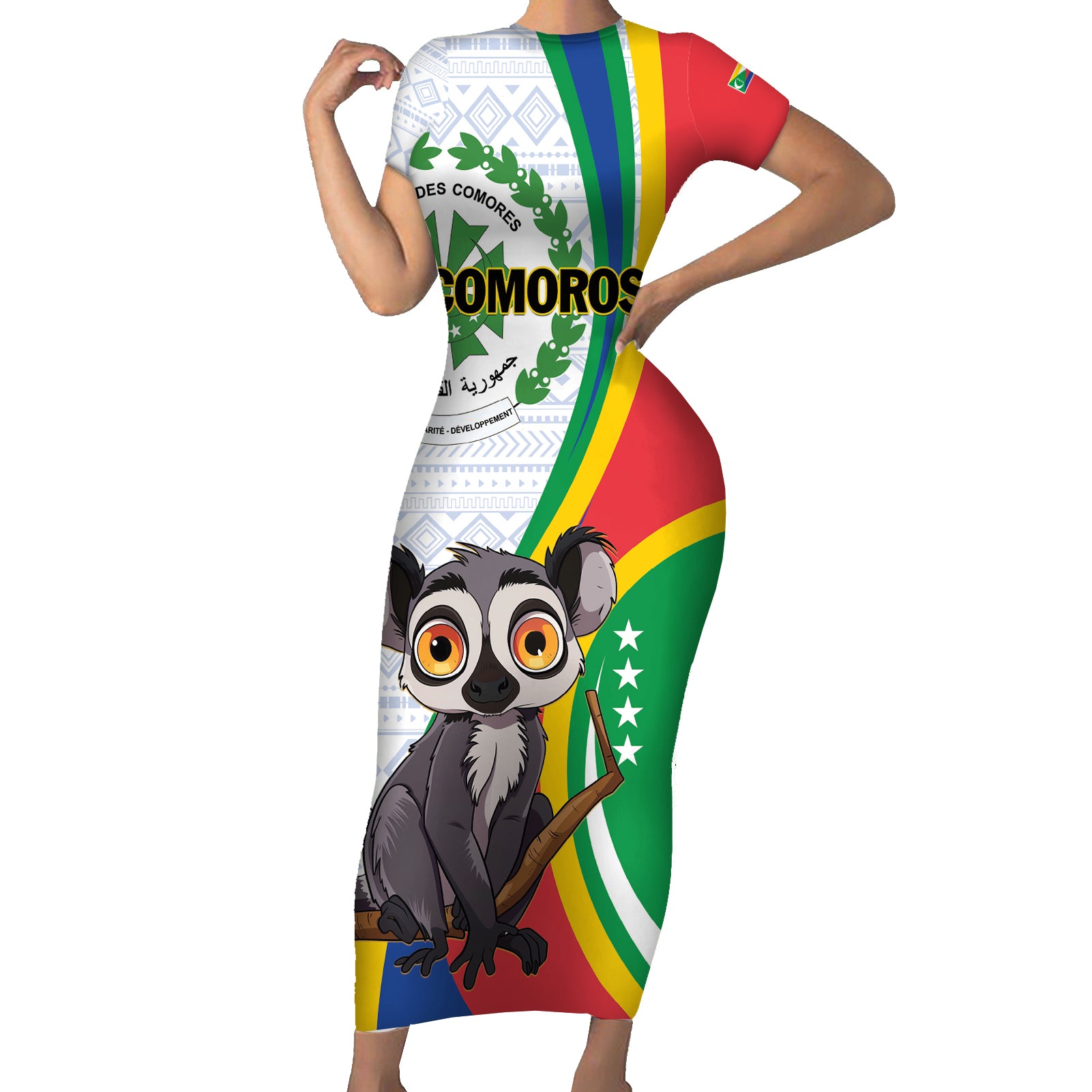 Comoros Independence Day Short Sleeve Bodycon Dress 1975 Komori Mongoose Lemur African Pattern