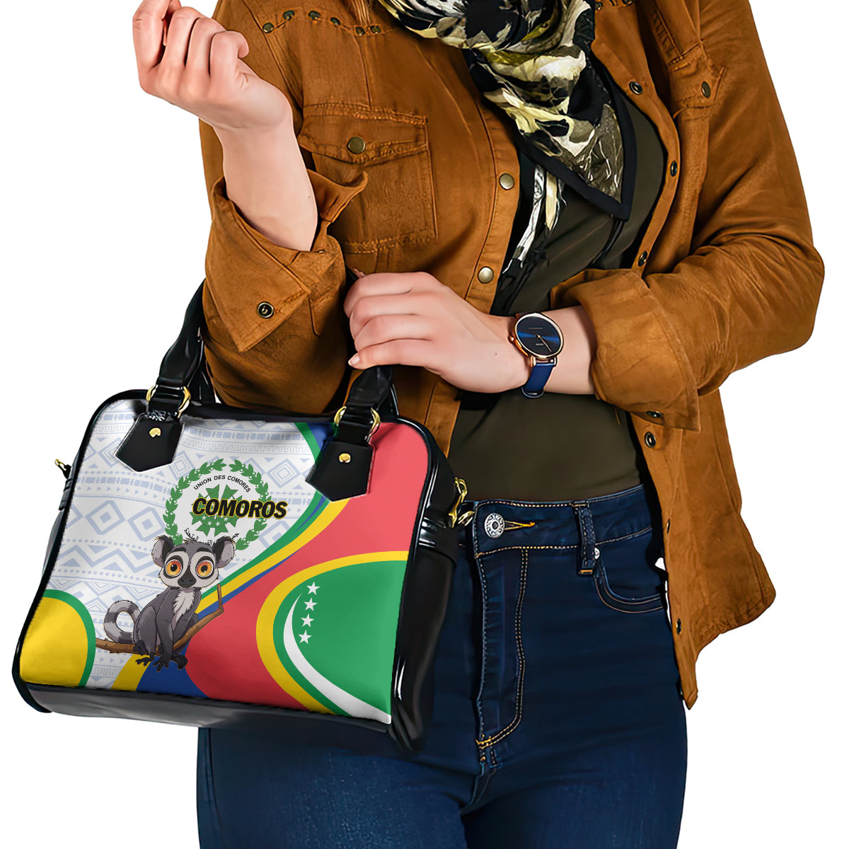 Comoros Independence Day Shoulder Handbag 1975 Komori Mongoose Lemur African Pattern