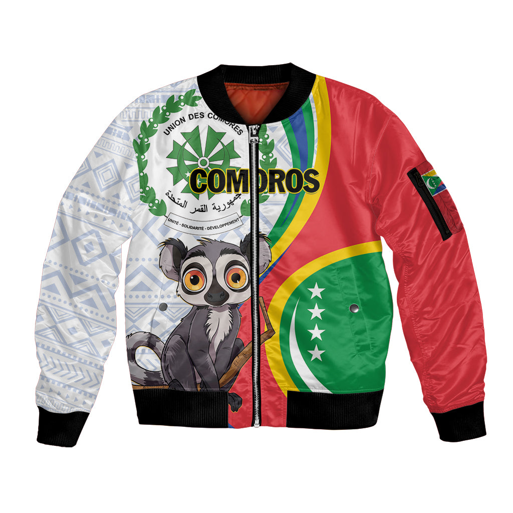 Comoros Independence Day Sleeve Zip Bomber Jacket 1975 Komori Mongoose Lemur African Pattern