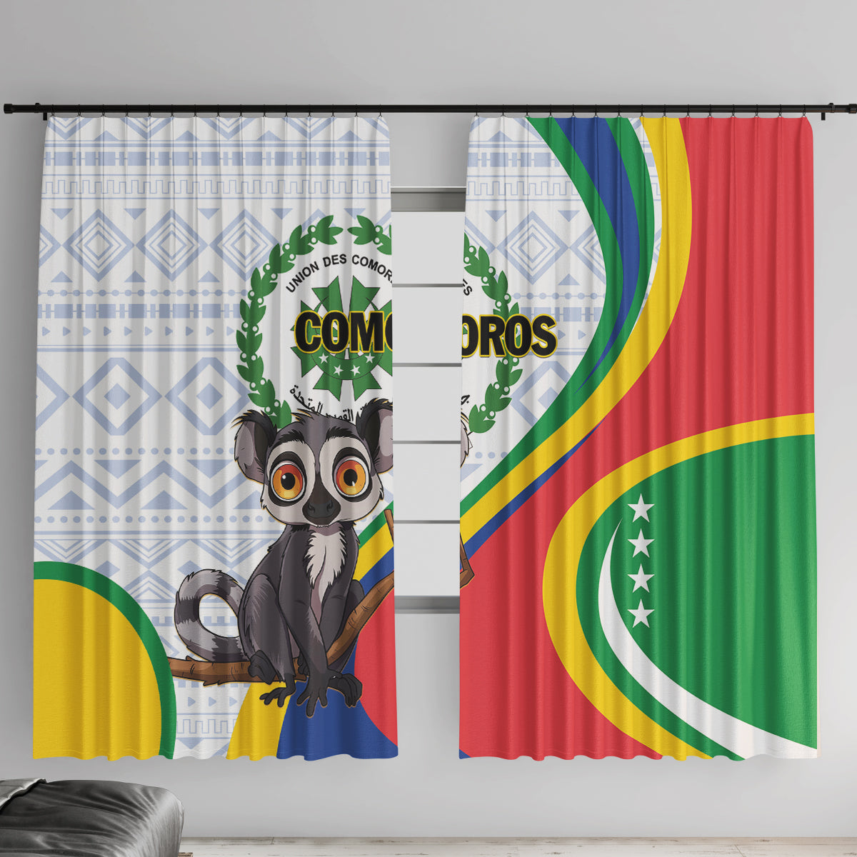 Comoros Independence Day Window Curtain 1975 Komori Mongoose Lemur African Pattern - Wonder Print Shop