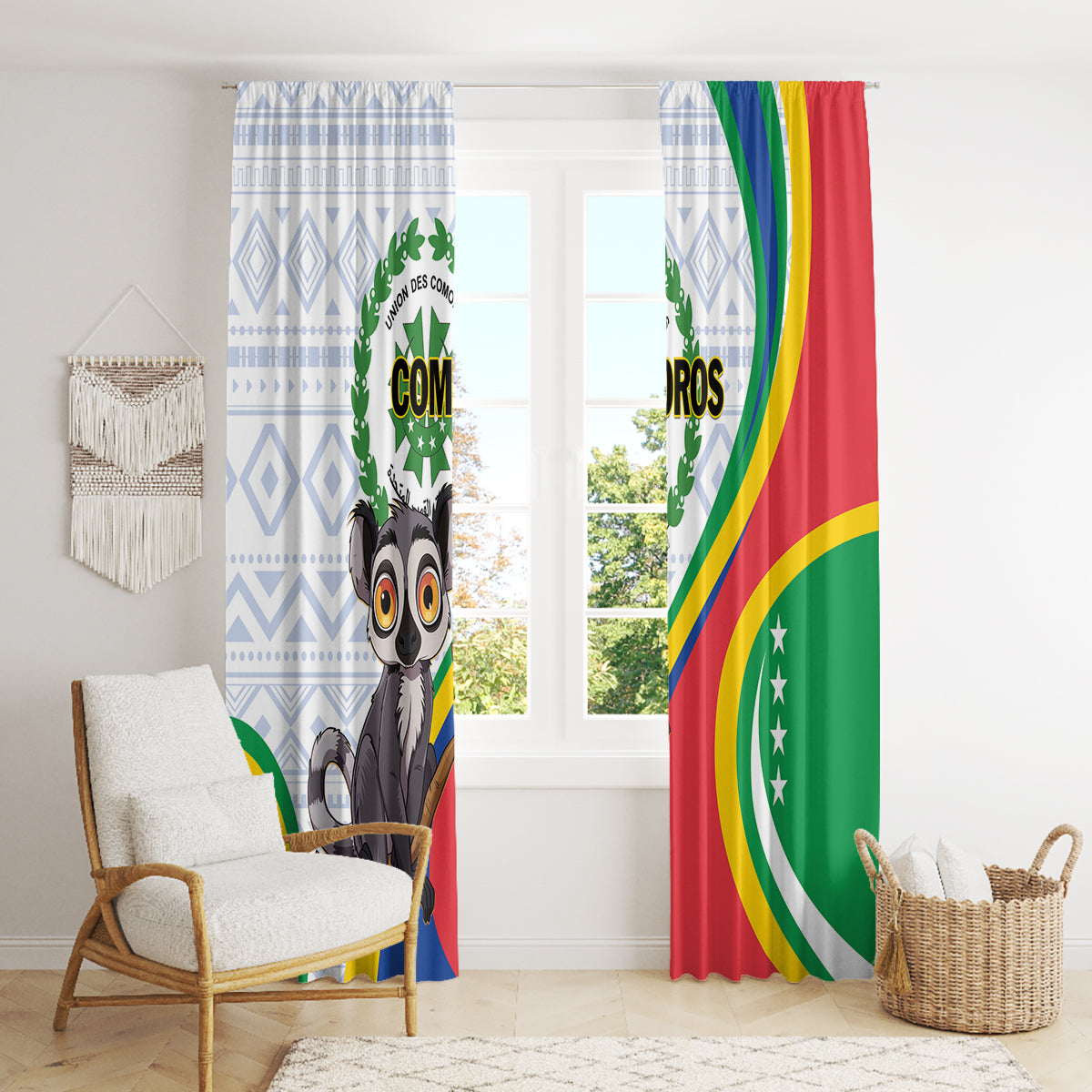 Comoros Independence Day Window Curtain 1975 Komori Mongoose Lemur African Pattern - Wonder Print Shop
