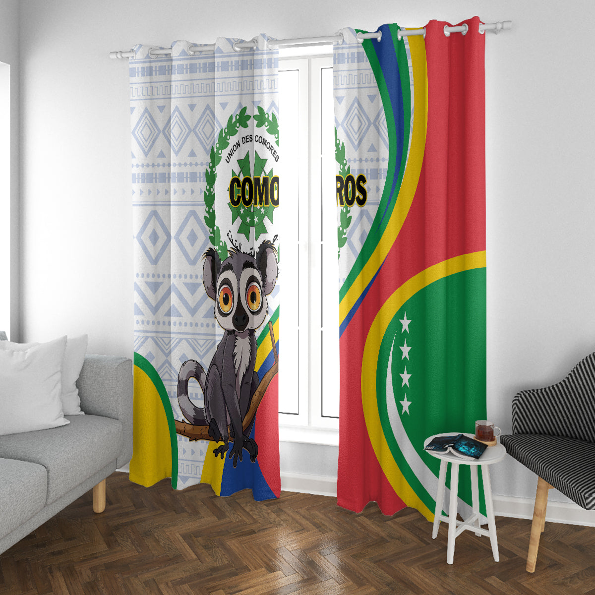 Comoros Independence Day Window Curtain 1975 Komori Mongoose Lemur African Pattern - Wonder Print Shop