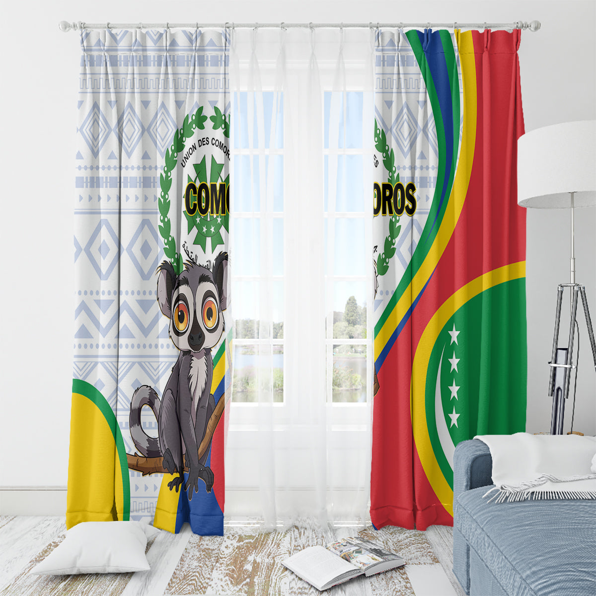 Comoros Independence Day Window Curtain 1975 Komori Mongoose Lemur African Pattern - Wonder Print Shop