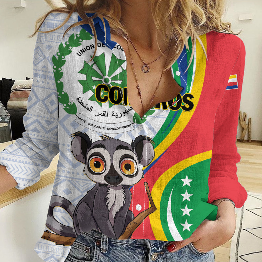 Comoros Independence Day Women Casual Shirt 1975 Komori Mongoose Lemur African Pattern