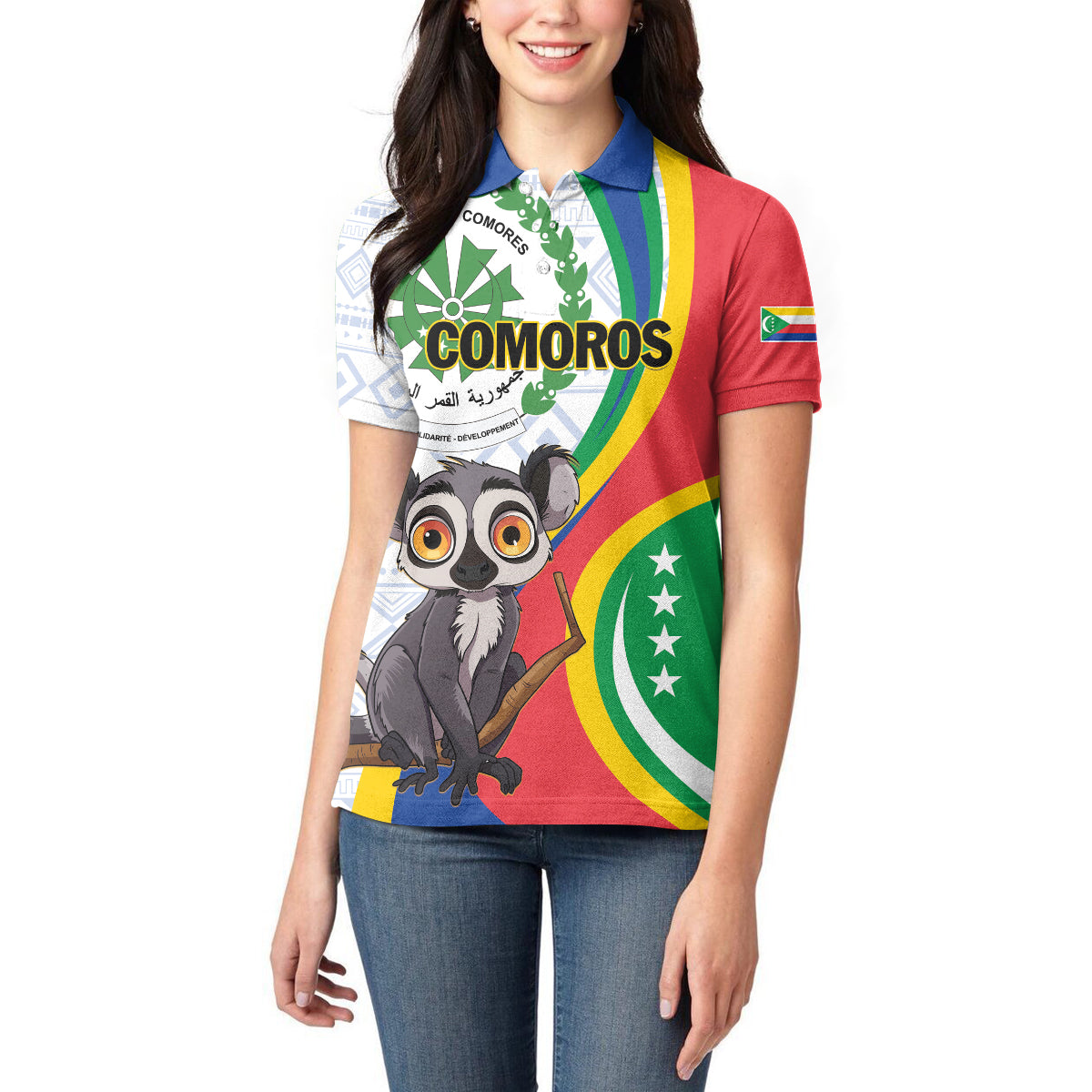 Comoros Independence Day Women Polo Shirt 1975 Komori Mongoose Lemur African Pattern - Wonder Print Shop