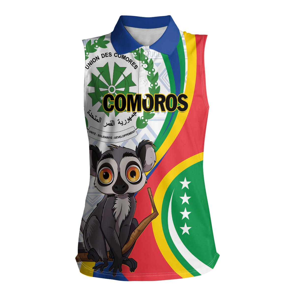 Comoros Independence Day Women Sleeveless Polo Shirt 1975 Komori Mongoose Lemur African Pattern - Wonder Print Shop