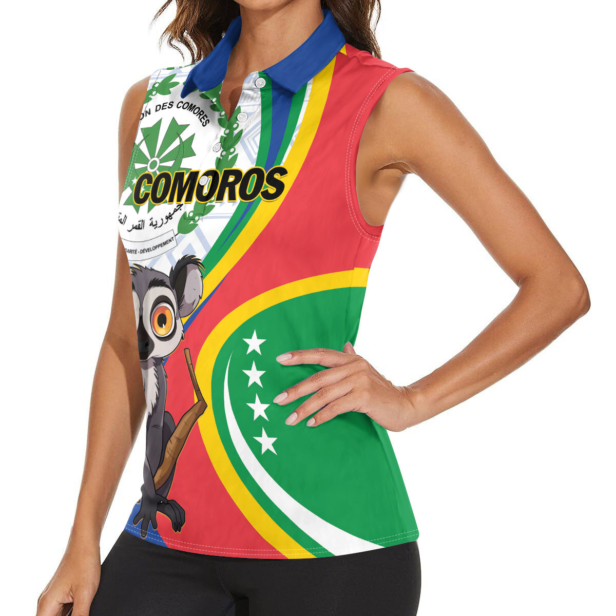 Comoros Independence Day Women Sleeveless Polo Shirt 1975 Komori Mongoose Lemur African Pattern - Wonder Print Shop