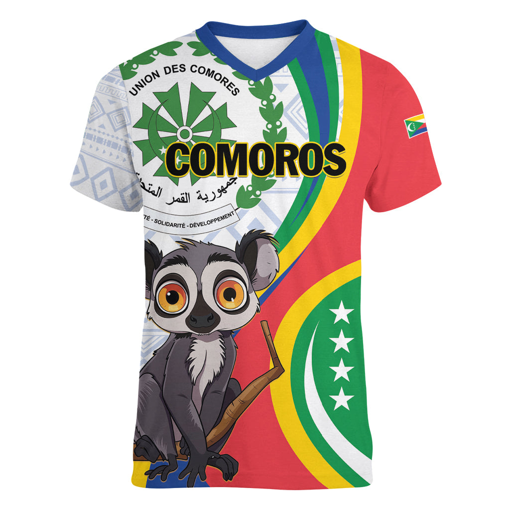 Comoros Independence Day Women V-Neck T-Shirt 1975 Komori Mongoose Lemur African Pattern
