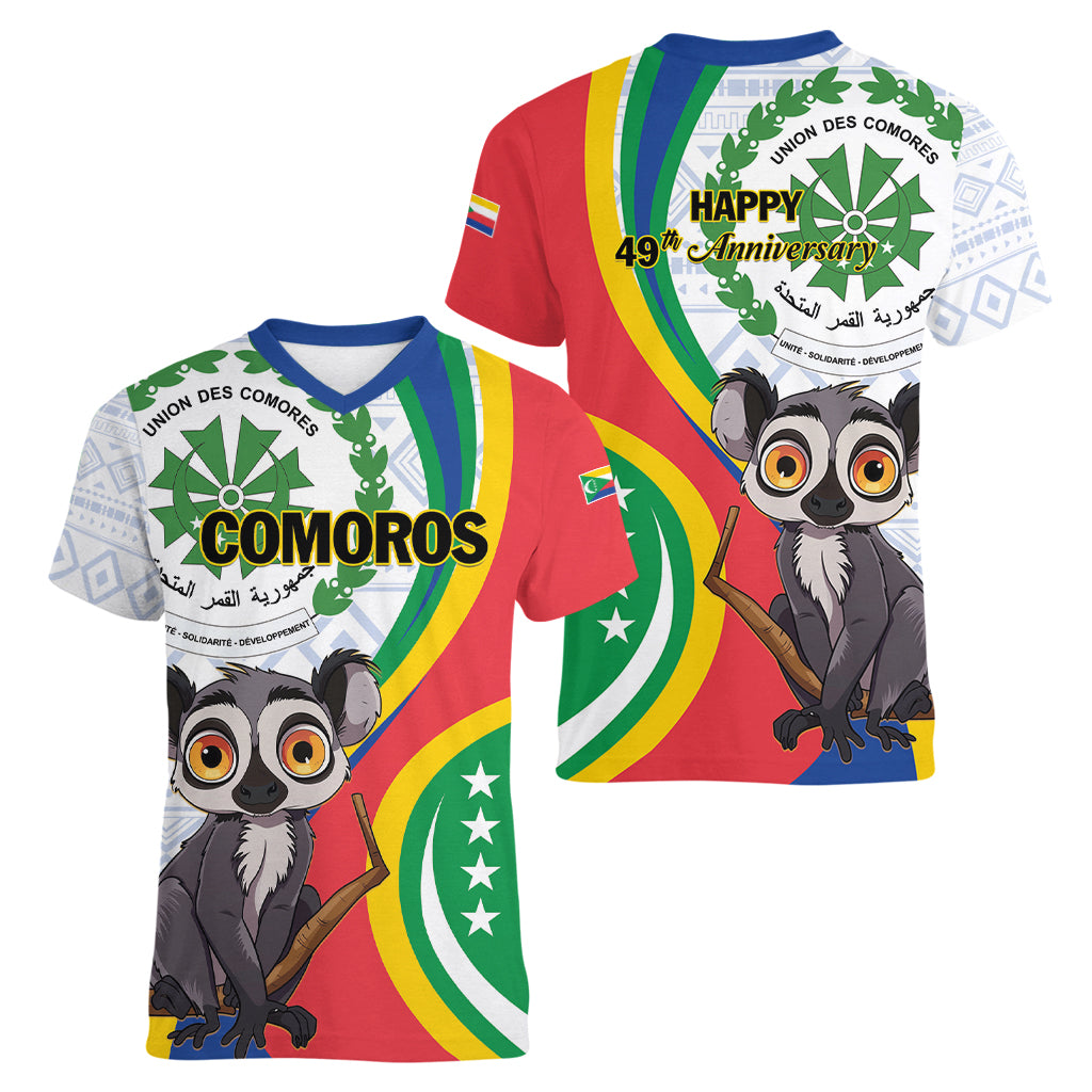 Comoros Independence Day Women V-Neck T-Shirt 1975 Komori Mongoose Lemur African Pattern - Wonder Print Shop