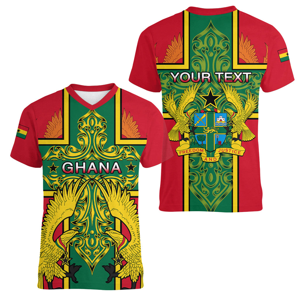 Custom Ghana Women V Neck T Shirt Ghana Cross Of Saint George With Tawny Eagles - Wonder Print Shop