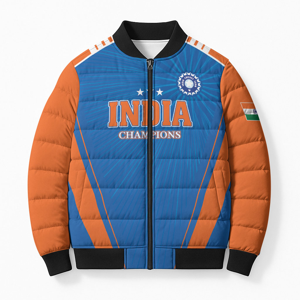 Custom India 2026 World Cricket Bomber Puffer Jacket Women in Blue Go Champions