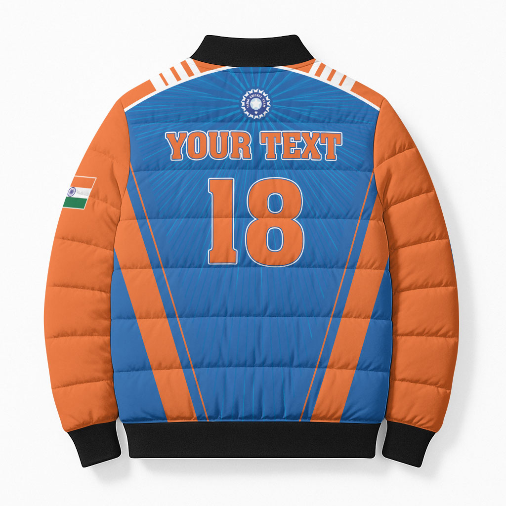 Custom India 2026 World Cricket Bomber Puffer Jacket Women in Blue Go Champions