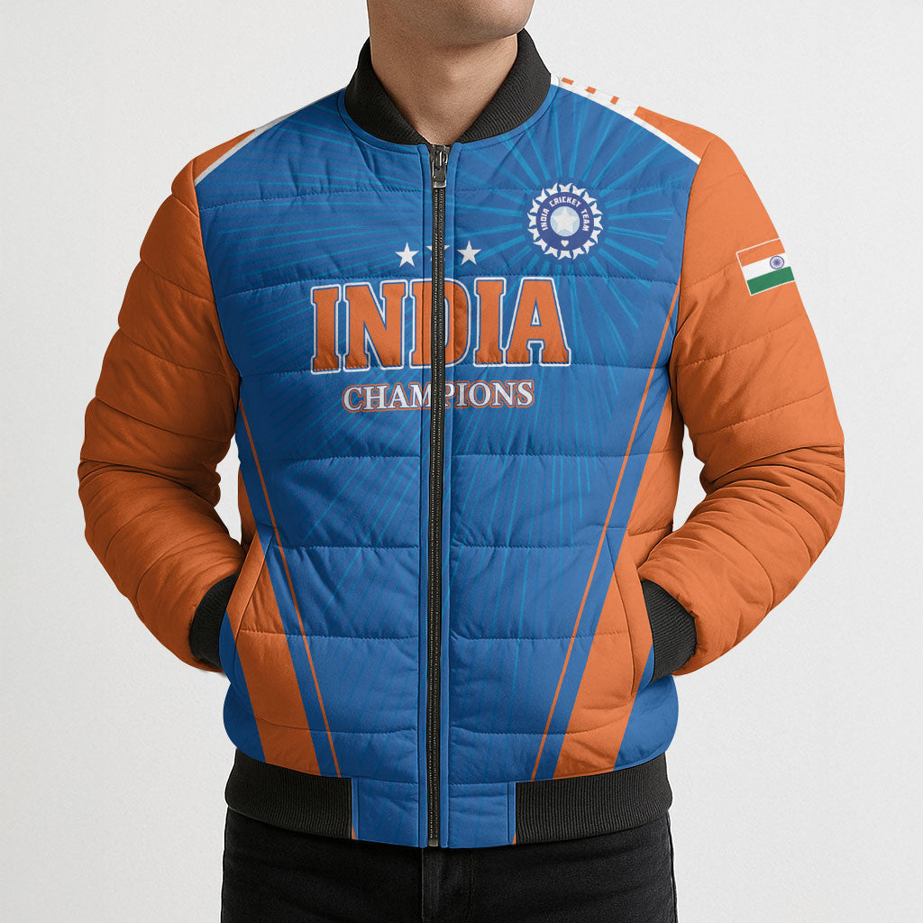 Custom India 2026 World Cricket Bomber Puffer Jacket Women in Blue Go Champions