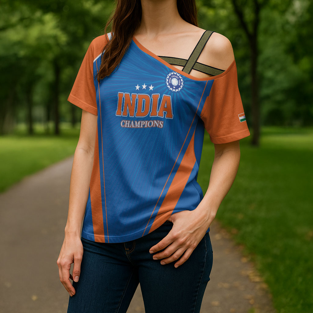 Custom India 2026 World Cricket Cross Shoulder Shirt Women in Blue Go Champions