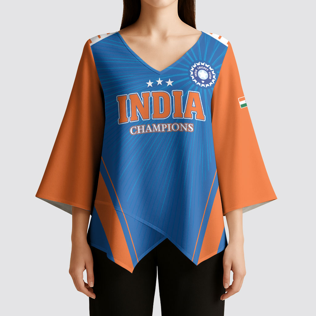 Custom India 2026 World Cricket Kimono Sleeve Blouse Women in Blue Go Champions