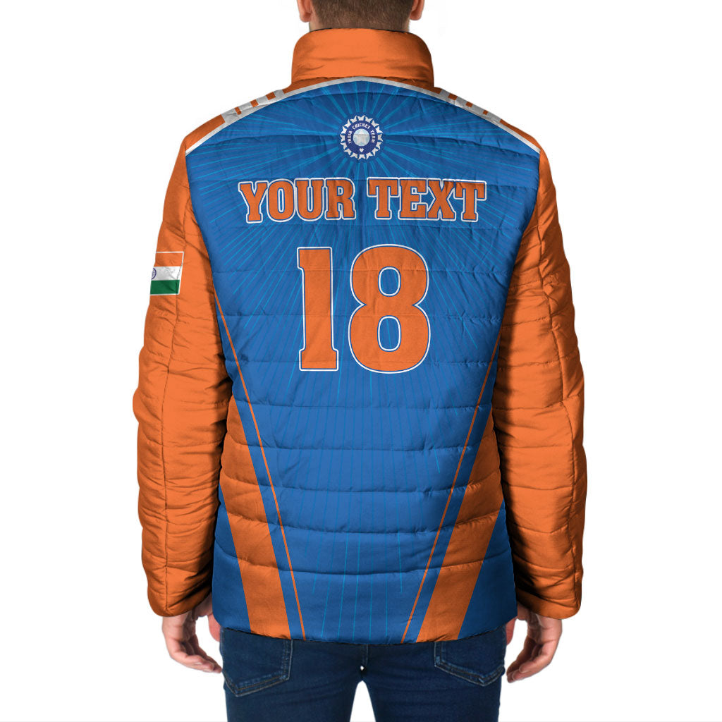 Custom India 2026 World Cricket Padded Jacket Women in Blue Go Champions
