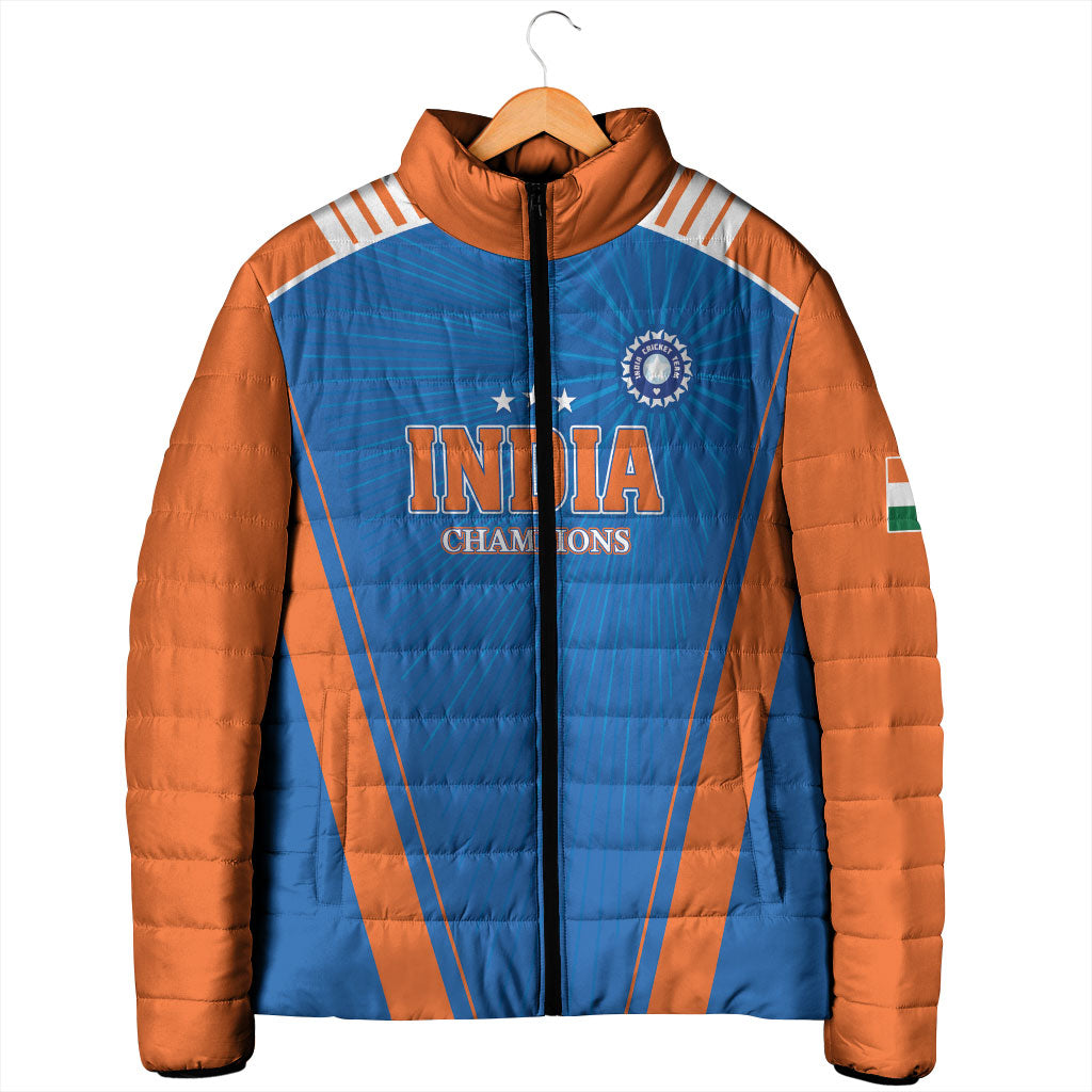 Custom India 2026 World Cricket Padded Jacket Women in Blue Go Champions