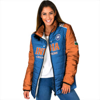 Custom India 2026 World Cricket Padded Jacket Women in Blue Go Champions