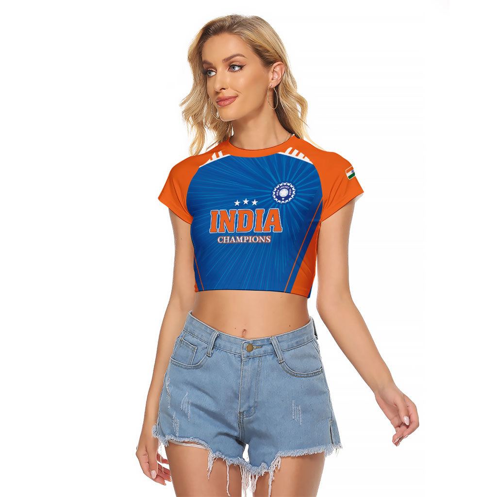 Custom India 2026 World Cricket Raglan Cropped T Shirt Women in Blue Go Champions