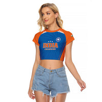Custom India 2026 World Cricket Raglan Cropped T Shirt Women in Blue Go Champions