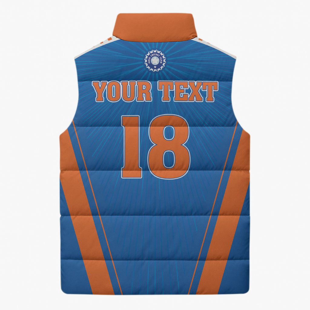 Custom India 2026 World Cricket Sleeveless Puffer Jacket Women in Blue Go Champions