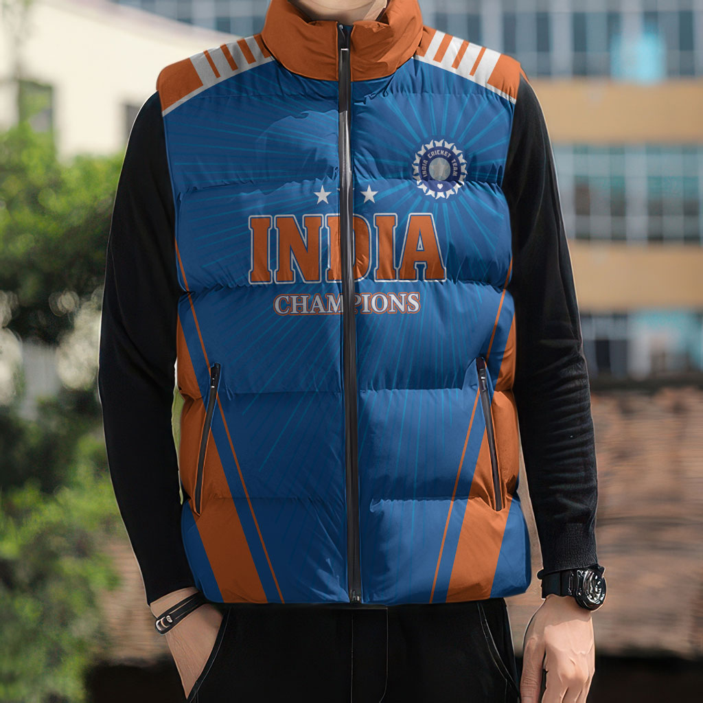 Custom India 2026 World Cricket Sleeveless Puffer Jacket Women in Blue Go Champions