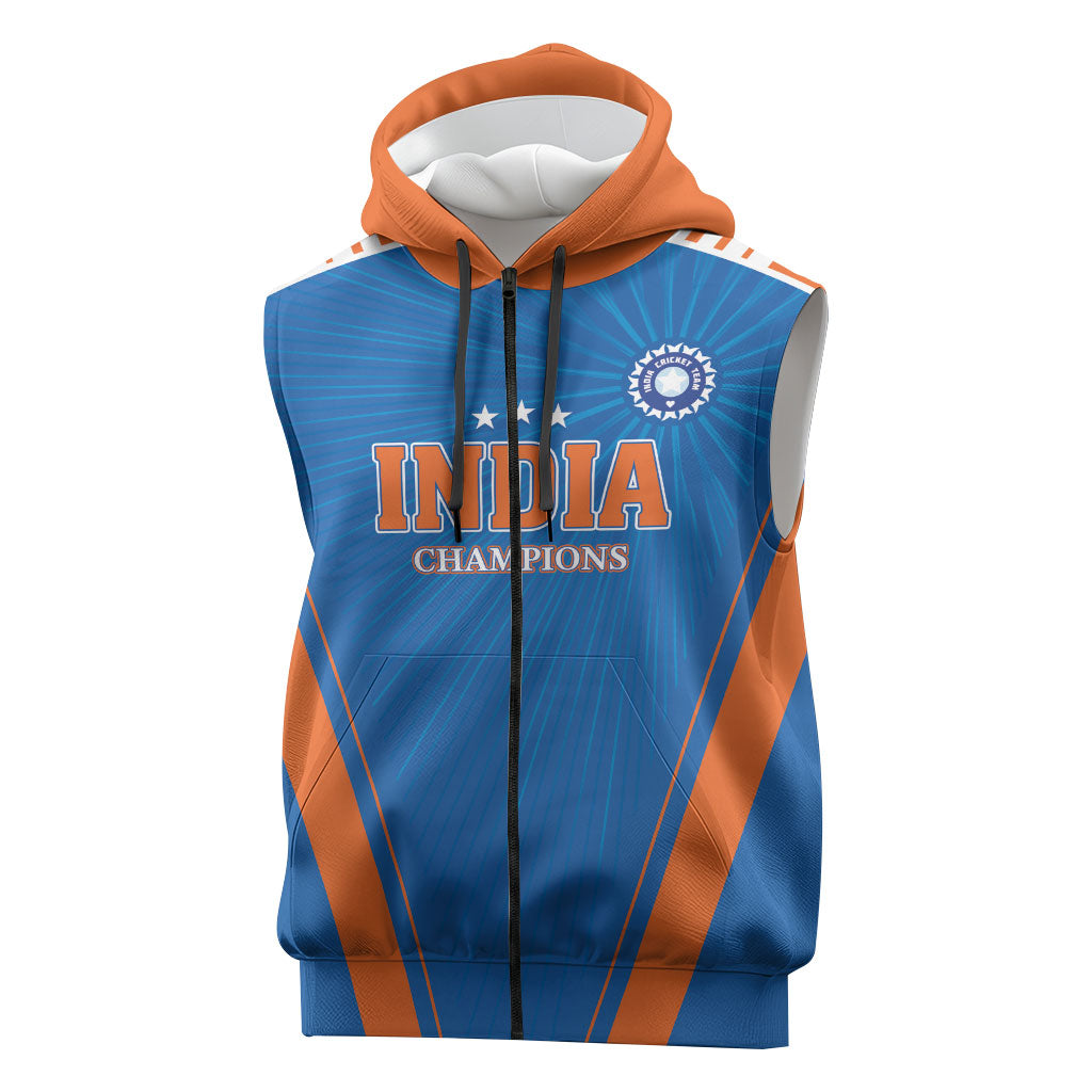 Custom India 2026 World Cricket Sleeveless Zip Hoodie Women in Blue Go Champions