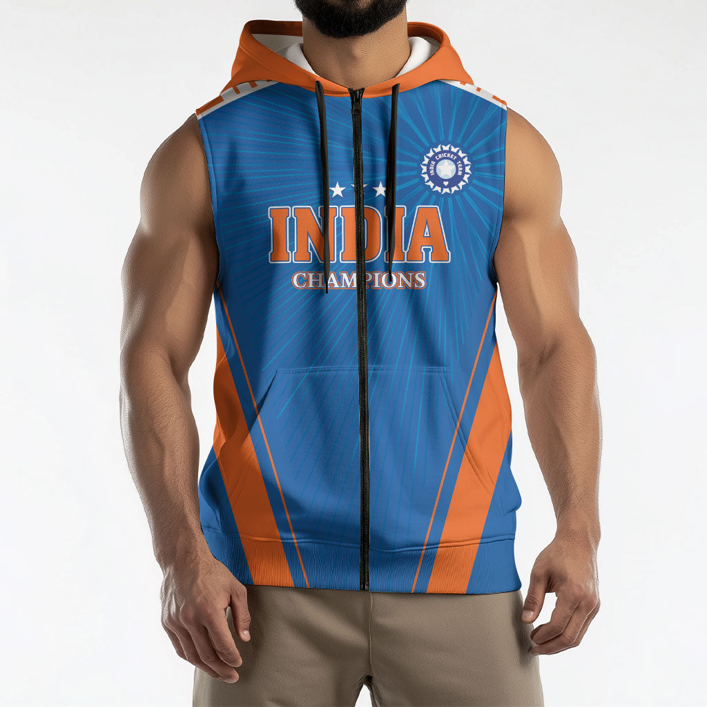 Custom India 2026 World Cricket Sleeveless Zip Hoodie Women in Blue Go Champions